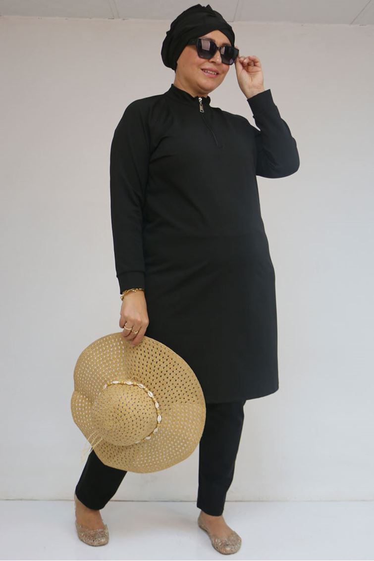 1732-E Büyük Beden Balıkçı Yaka Fermuarlı Mayo - Siyah