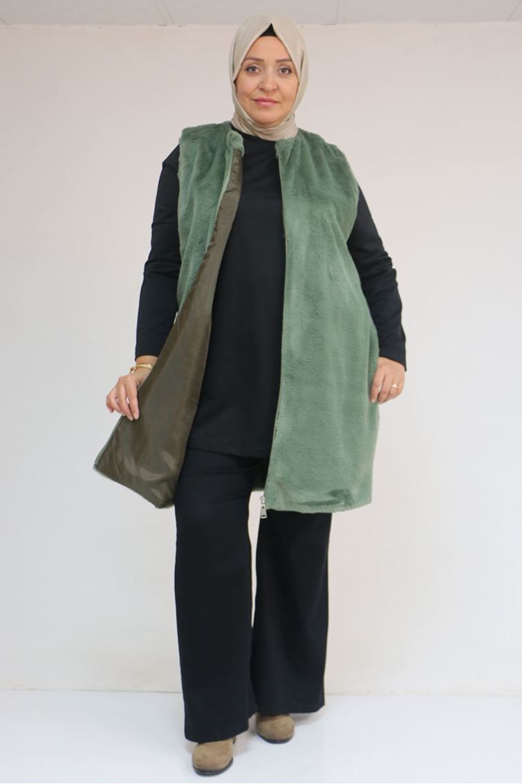 54013 Büyük Beden Cepli Rabbit Astarlı Yelek - Nefti