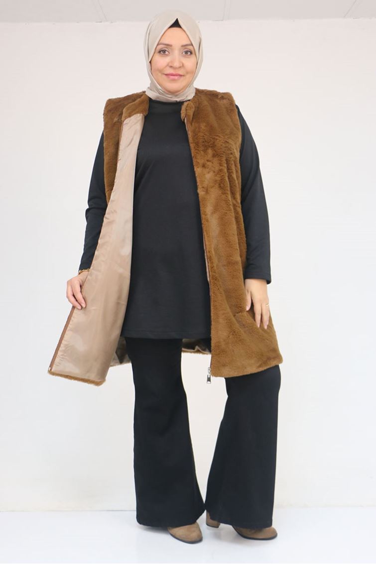 54013 Büyük Beden Cepli Rabbit Astarlı Yelek - Kahve