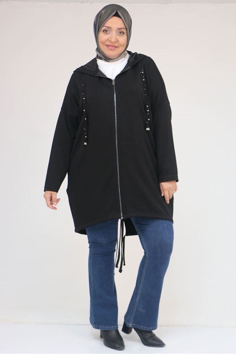 43068 Büyük Beden Eteği Oval Kesim Modal Ceket - Siyah