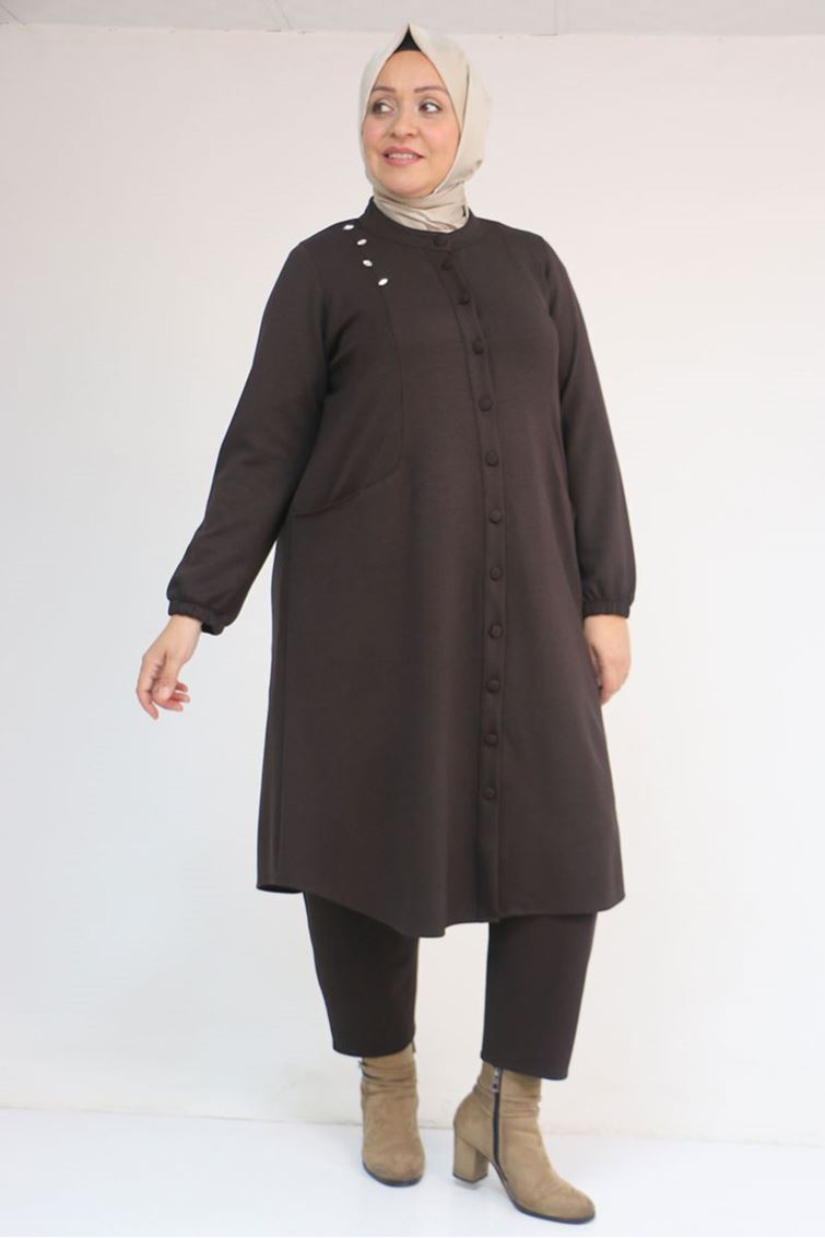 53054 Büyük Beden Boydan Düğmeli Modal Ceket - Kahve