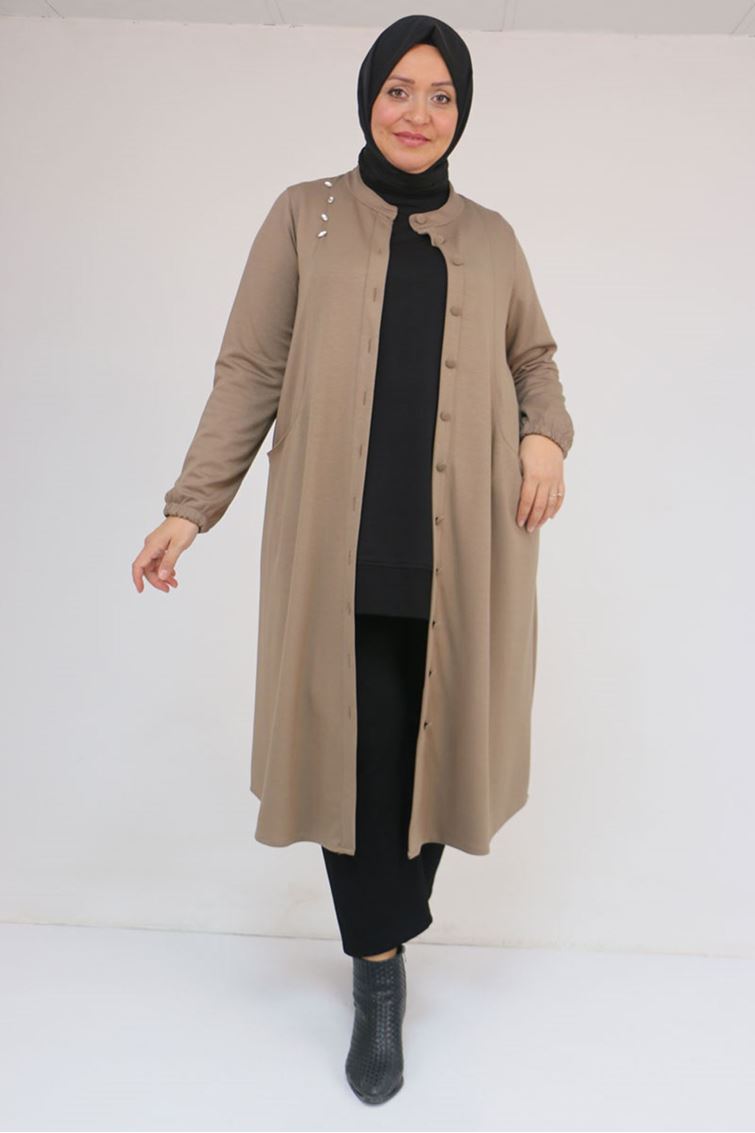 53054 Büyük Beden Boydan Düğmeli Modal Ceket - Vizon