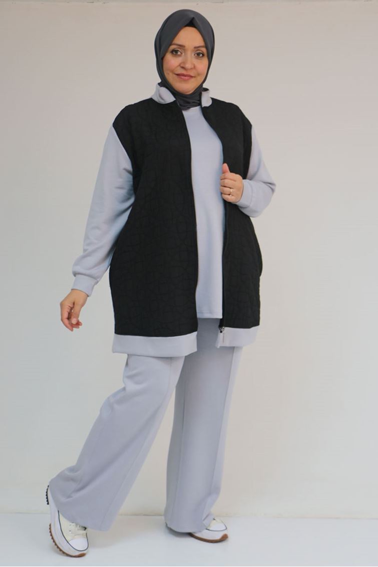 57304 Büyük Beden Ceketli Modal-Kapitone Üçlü Takım - Siyah-Gri