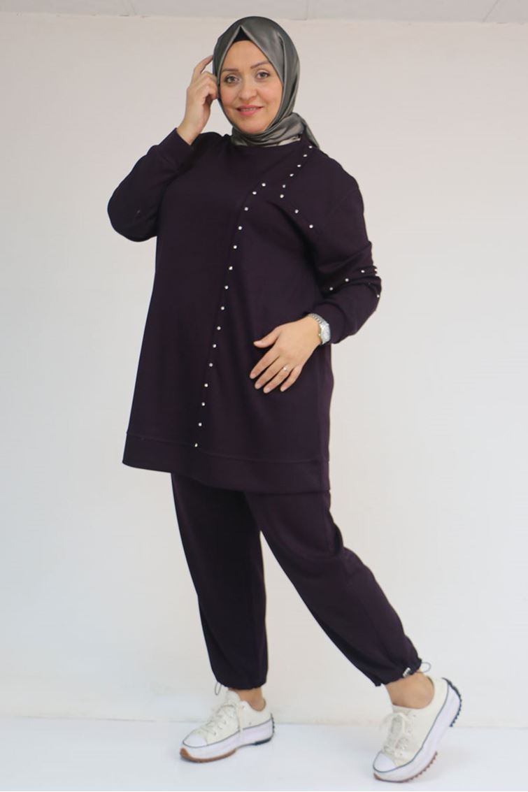 57052 Büyük Beden Pantolon Paçası Lastikli İkili Modal Takım - Mürdüm