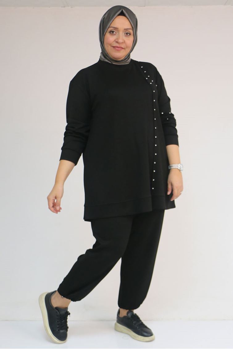 57052 Büyük Beden Pantolon Paçası Lastikli İkili Modal Takım - Siyah