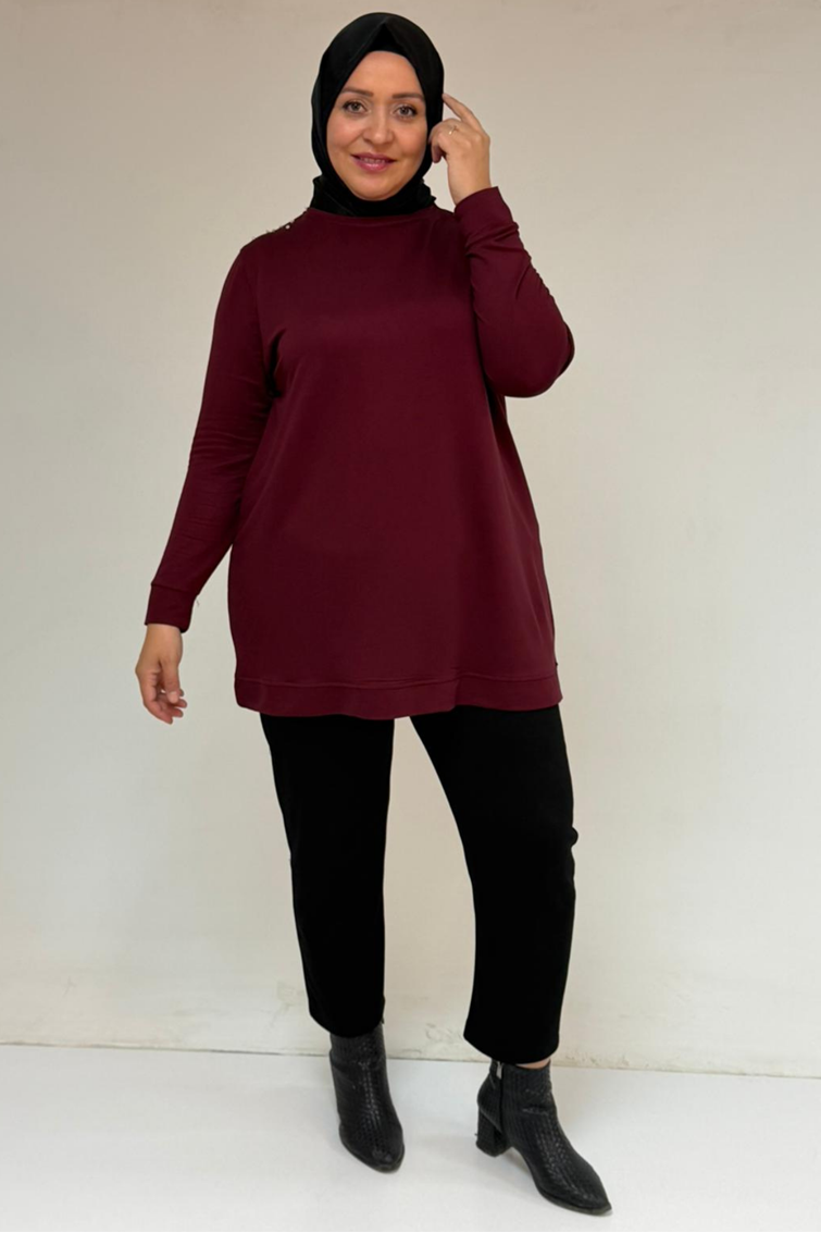 58171 Büyük Beden Omuzunda Taş Detaylı Kristal Tunik - Bordo