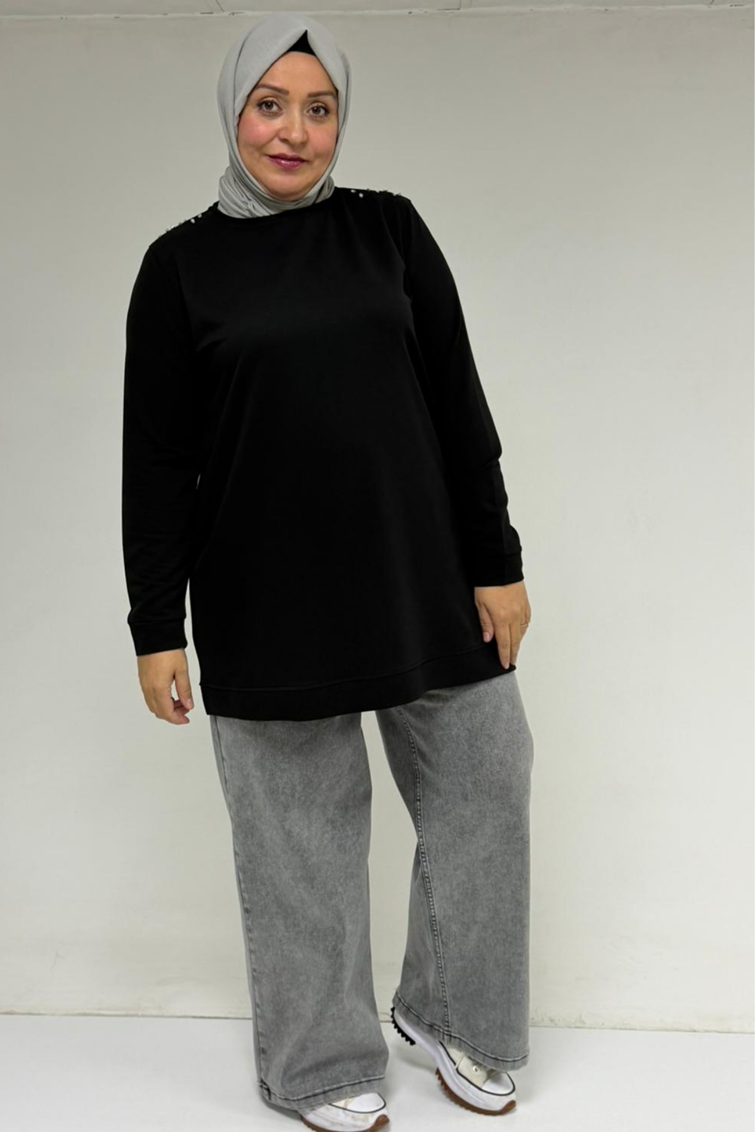 58171 Büyük Beden Omuzunda Taş Detaylı Kristal Tunik - Siyah