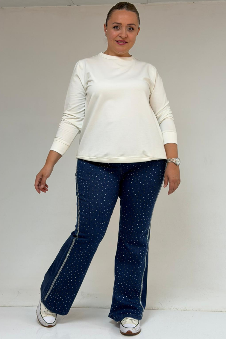 59038 Büyük Beden İspanyol  Paça Taş Baskı Detaylı Kot Pantolon - Lacivert