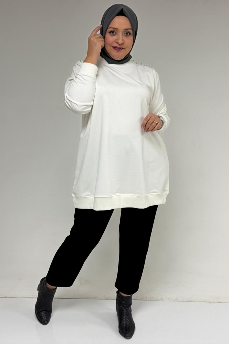 58171 Büyük Beden Omuzunda Taş Detaylı Kristal Tunik - Ekru