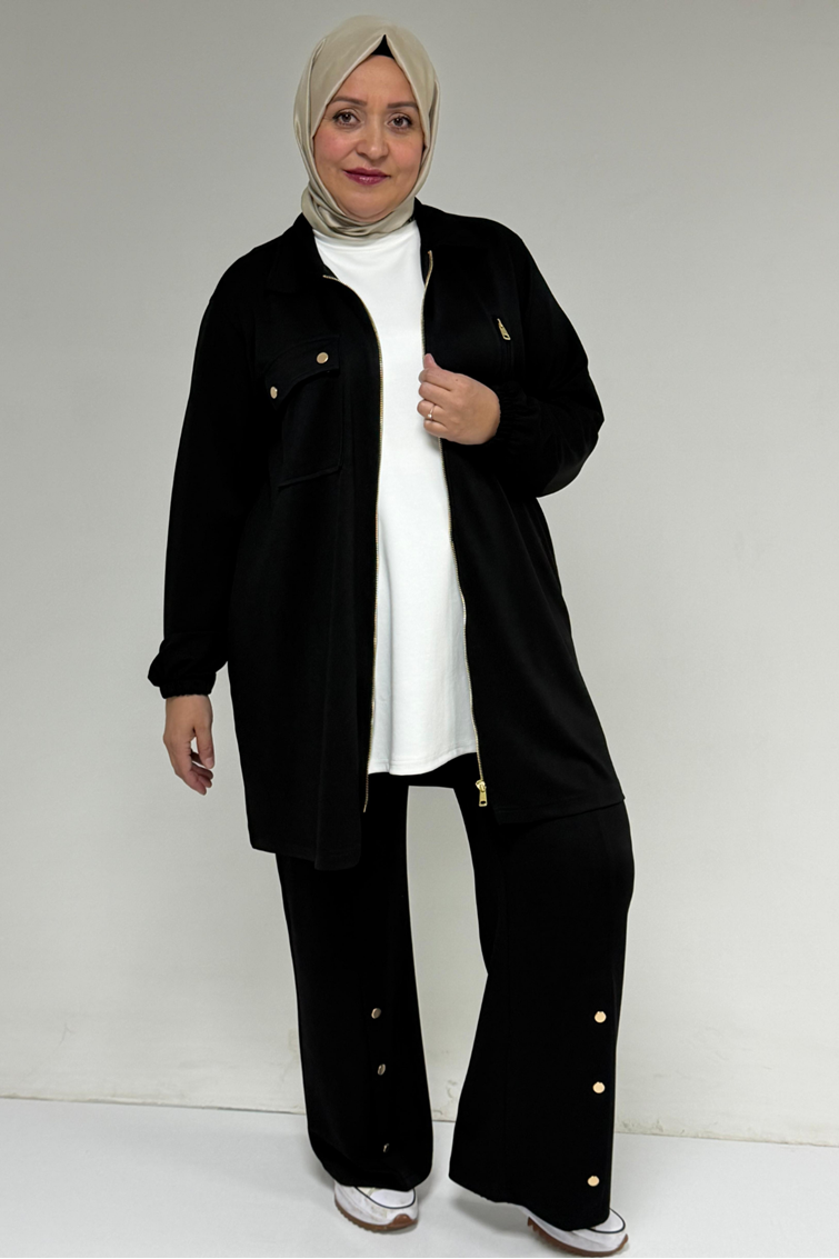 57040 Büyük Beden Fermuar Detaylı Modal İkili Takım - Siyah