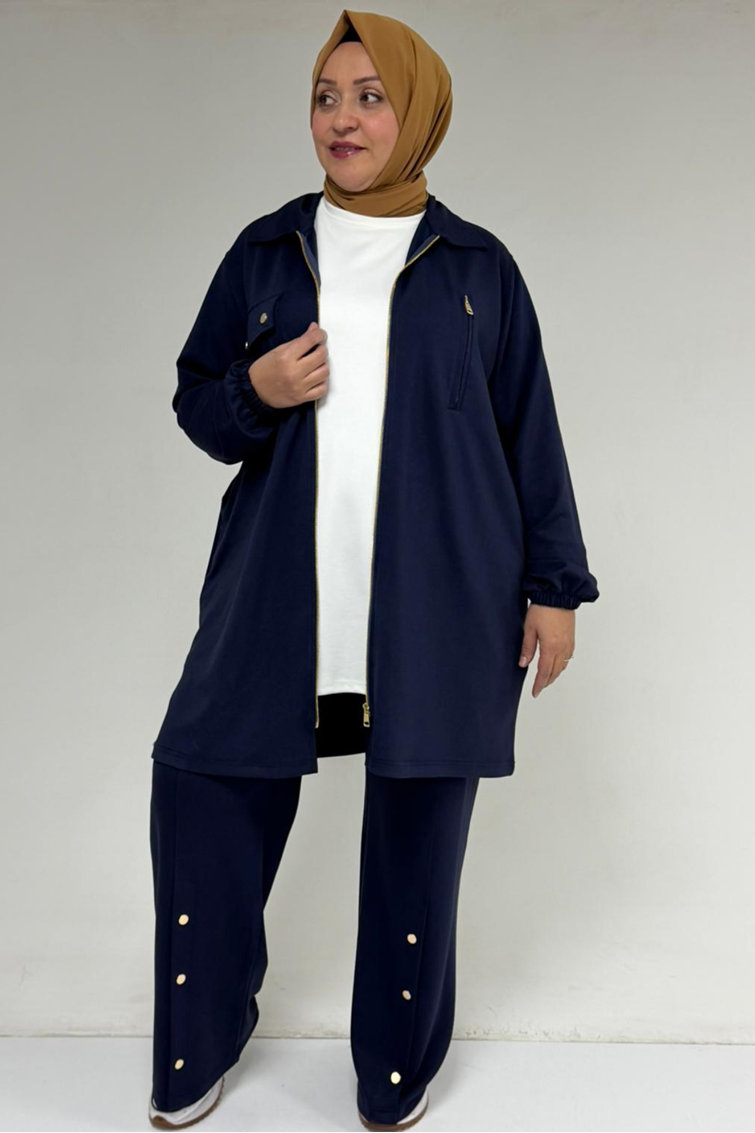 57040 Büyük Beden Fermuar Detaylı Modal İkili Takım - Lacivert