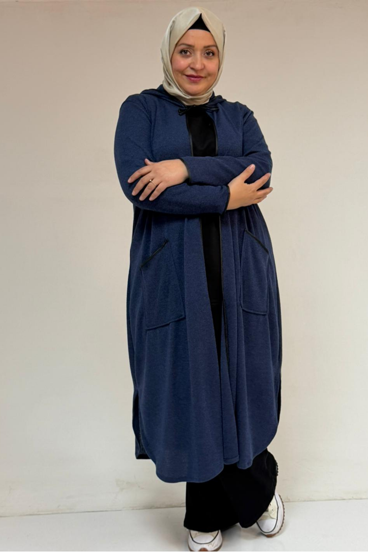 53063 Büyük Beden Biyeli Cepli Mir Ceket - İndigo