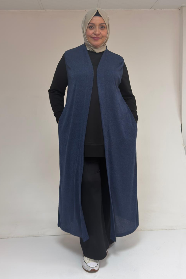 54015 Büyük Beden Yırtmaçlı Cepli Uzun Mir Yelek - İndigo