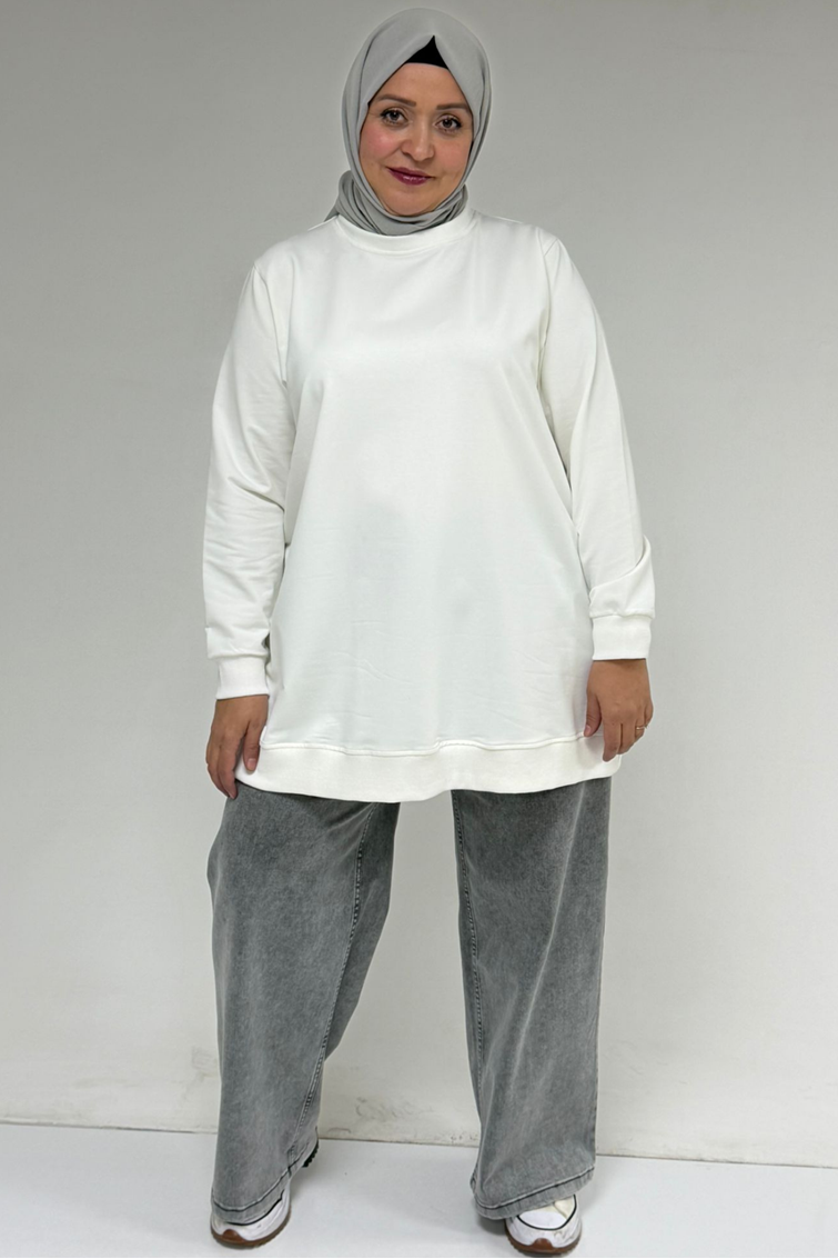 58170 Büyük Beden Eteği Kendi Kumaşından Ribanalı Kristal Tunik - Ekru