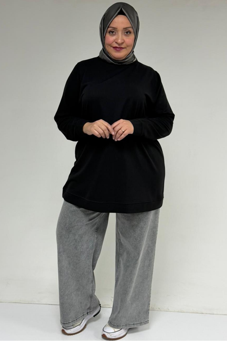 58170 Büyük Beden Eteği Kendi Kumaşından Ribanalı Kristal Tunik - Siyah