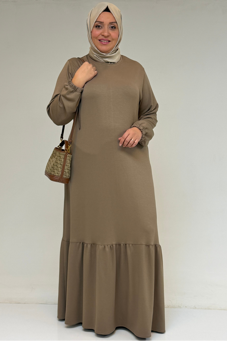 52033 Büyük Beden Eteği Fırfırlı Modal Elbise - Vizon