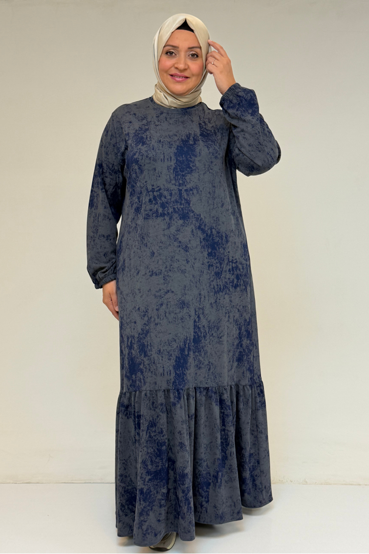 52032 Büyük Beden Eteği Fırfırlı Batik Modal Elbise - Batik İndigo