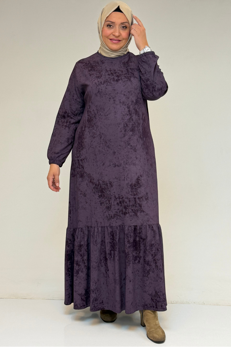 52032 Büyük Beden Eteği Fırfırlı Batik Modal Elbise - Batik Mürdüm