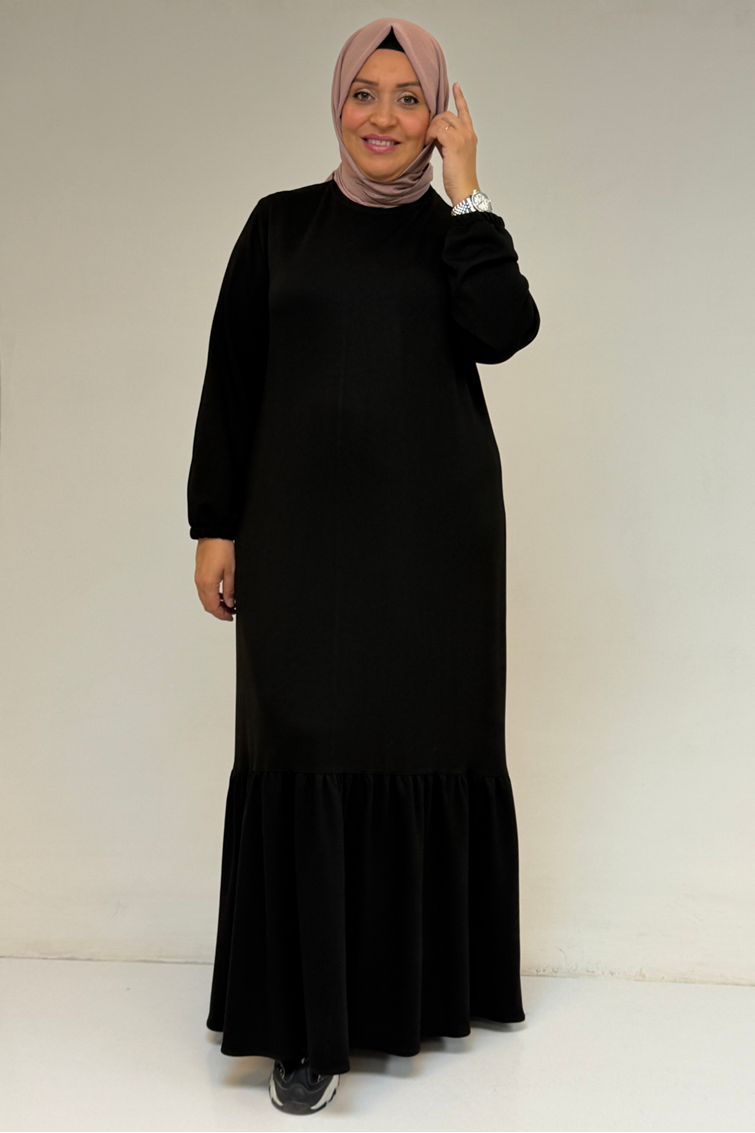 52033 Büyük Beden Eteği Fırfırlı Modal Elbise - Siyah