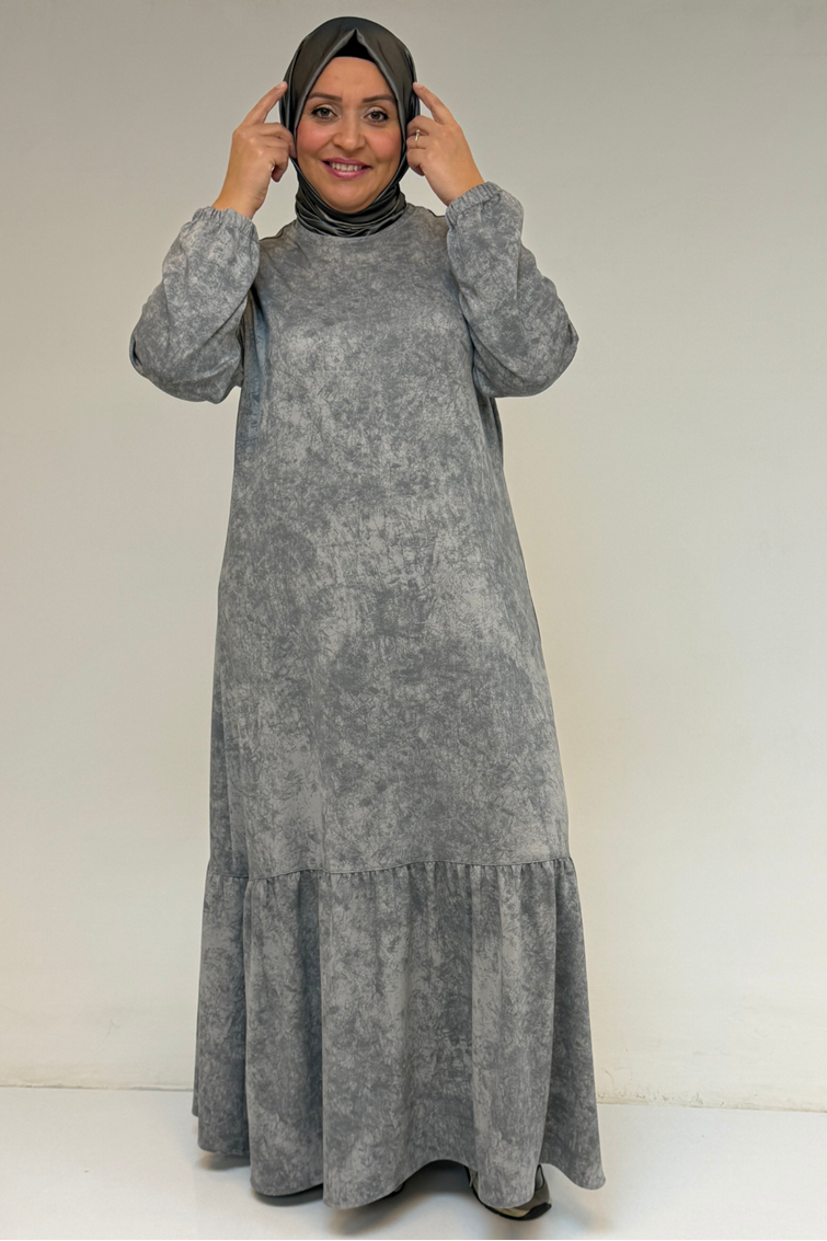 52032 Büyük Beden Eteği Fırfırlı Batik Modal Elbise - Batik Gri