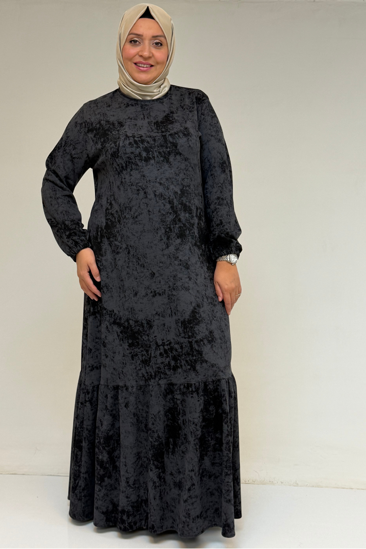 52032 Büyük Beden Eteği Fırfırlı Batik Modal Elbise - Batik Siyah