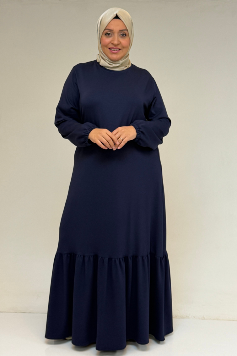 52033 Büyük Beden Eteği Fırfırlı Modal Elbise - İndigo