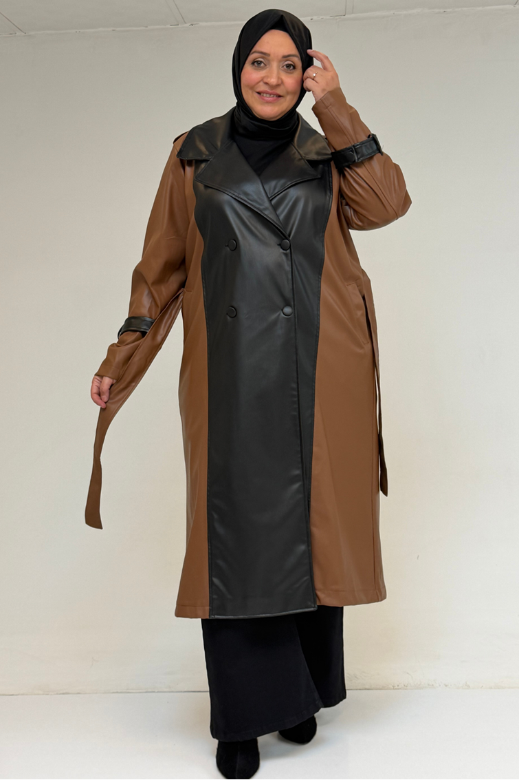 43099 Büyük Beden Deri Kombinli Düğmeli Kap - Taba