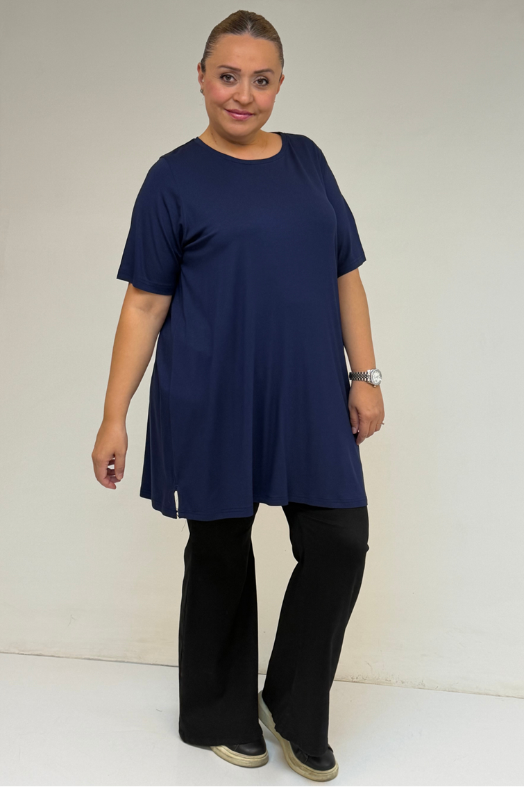 58507 Büyük Beden Yakası Biyeli Penye Tişört - İndigo