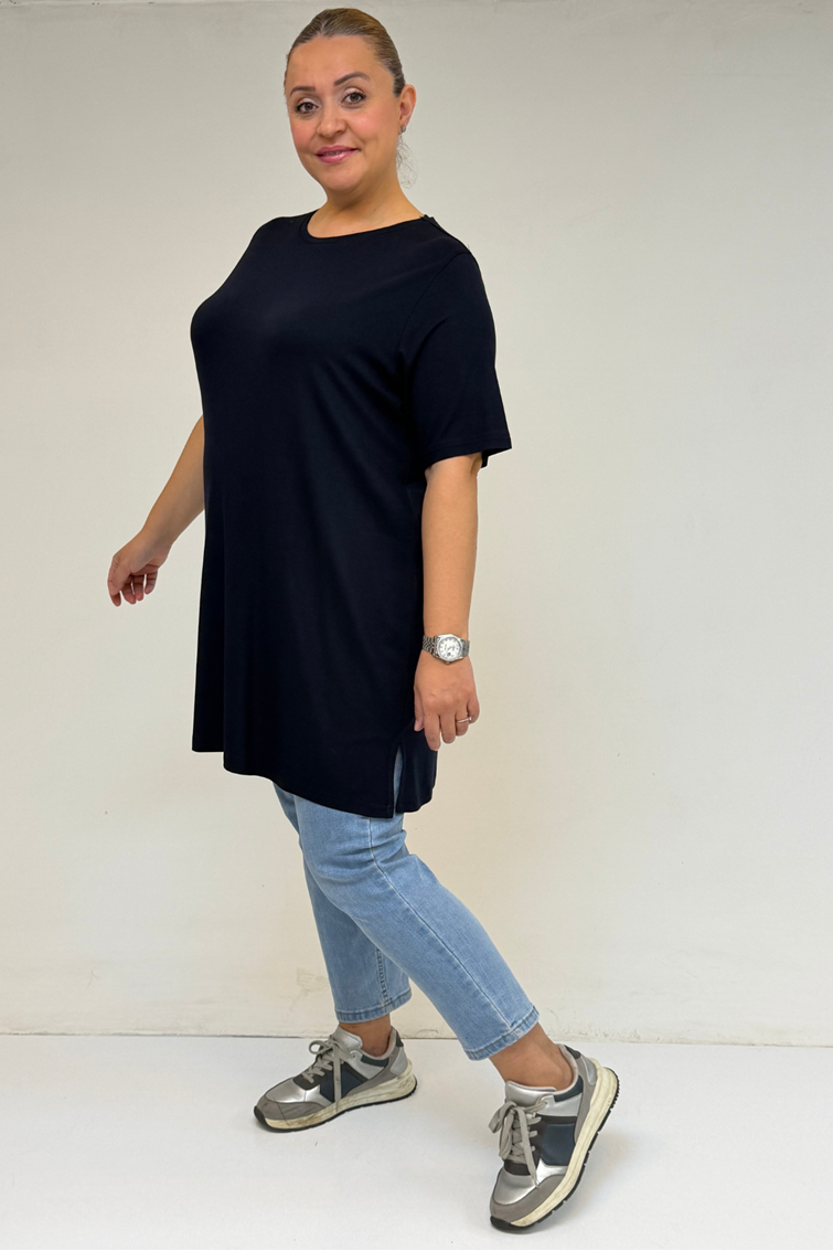 58507 Büyük Beden Yakası Biyeli Penye Tişört - Lacivert
