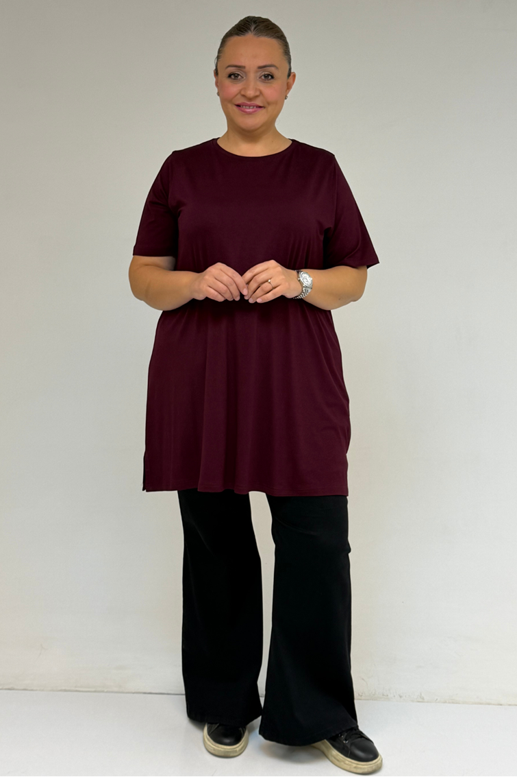 58507 Büyük Beden Yakası Biyeli Penye Tişört - Bordo