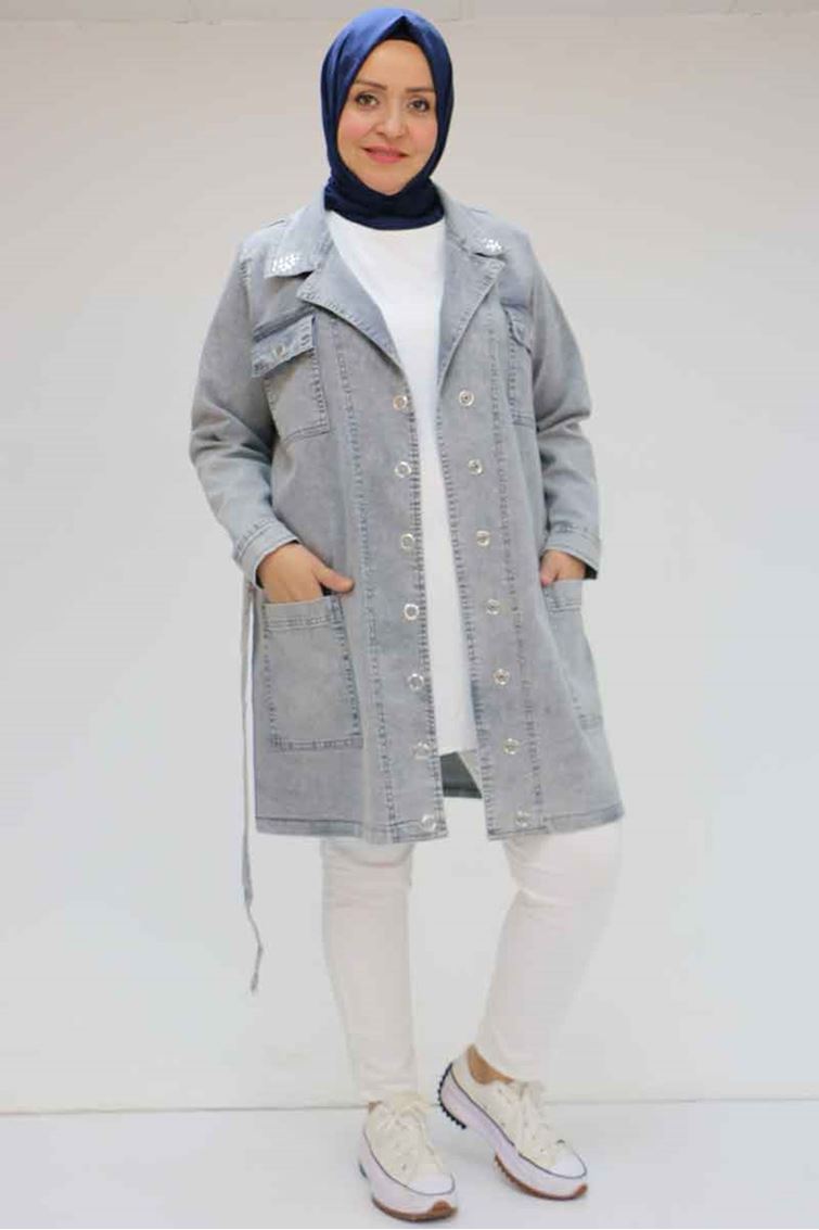 43070-E Büyük Beden Taş İşlemeli Manşetli Kot Ceket - Gri