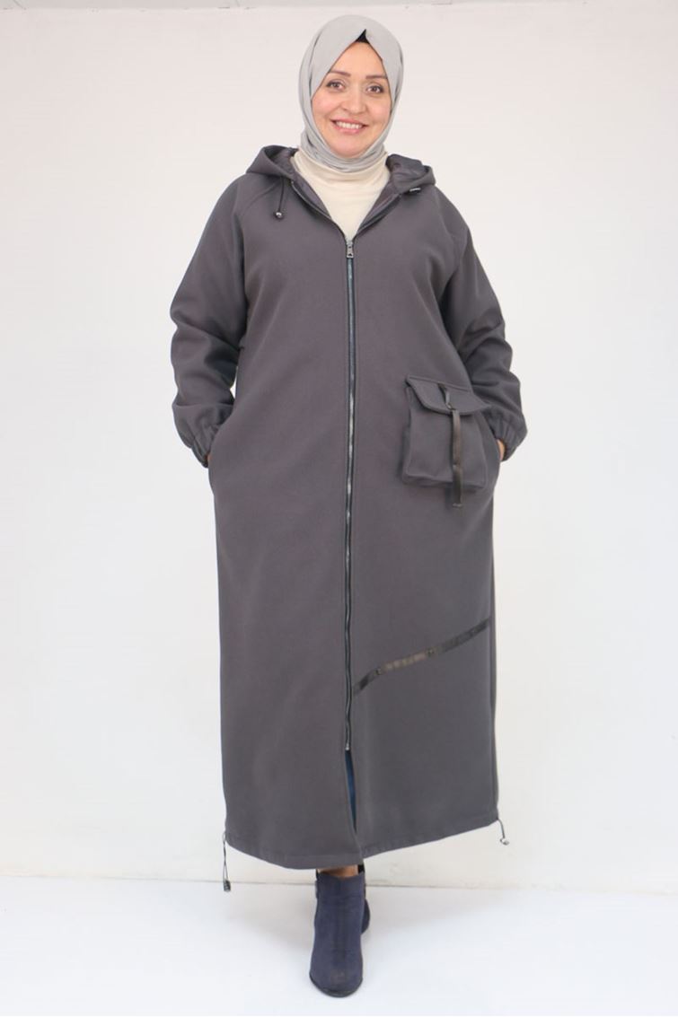 43082-E Büyük Beden Eteği Bebe Lastikli Kaşe Kaban - Antrasit