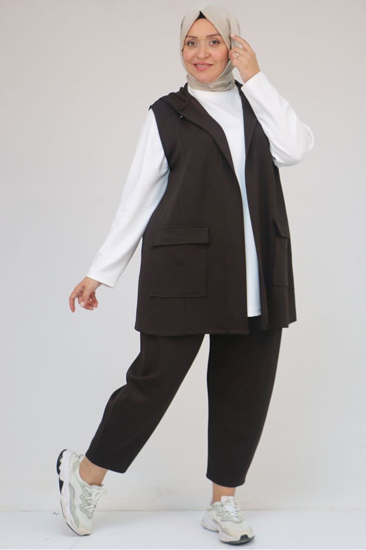 57305-E Büyük Beden Modal Yeleği Cepli Üçlü Takım - Kahve