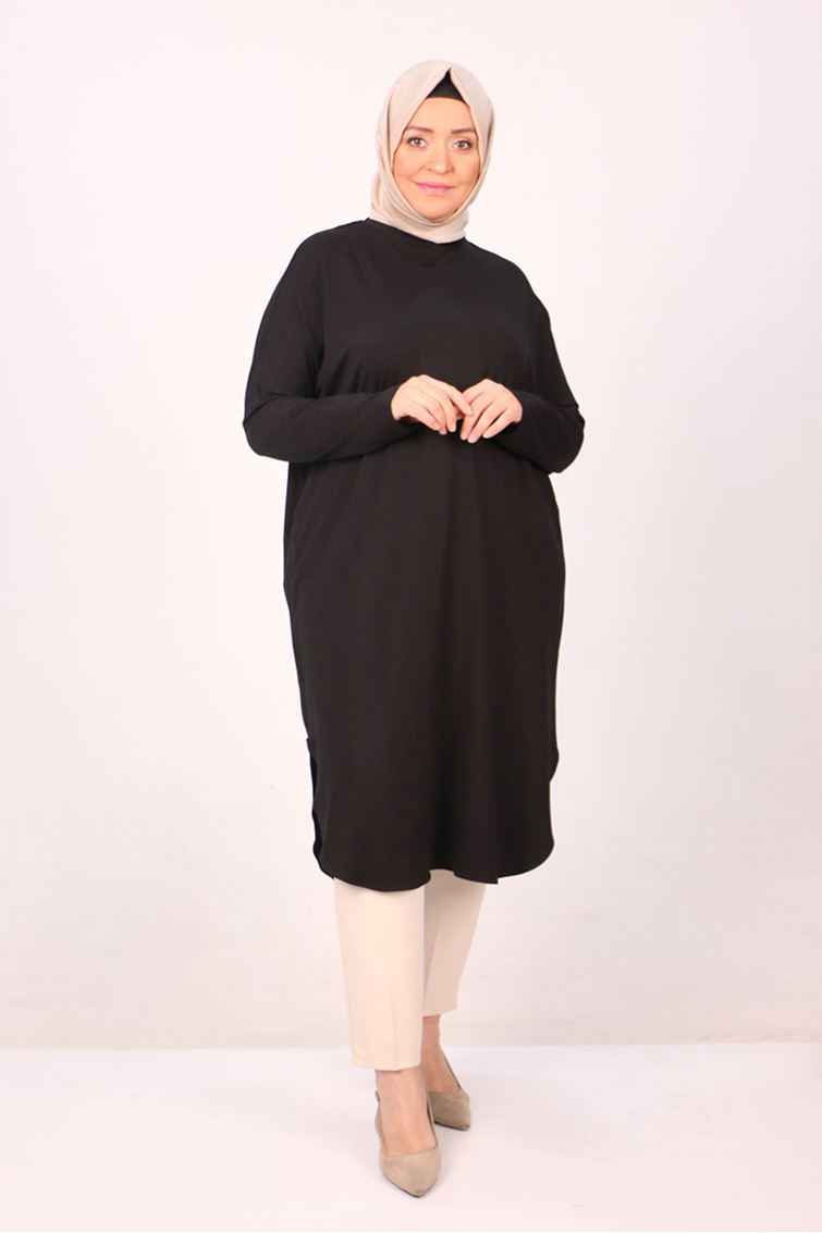 38110  Büyük Beden Düşük Kol Penye Tunik - Siyah