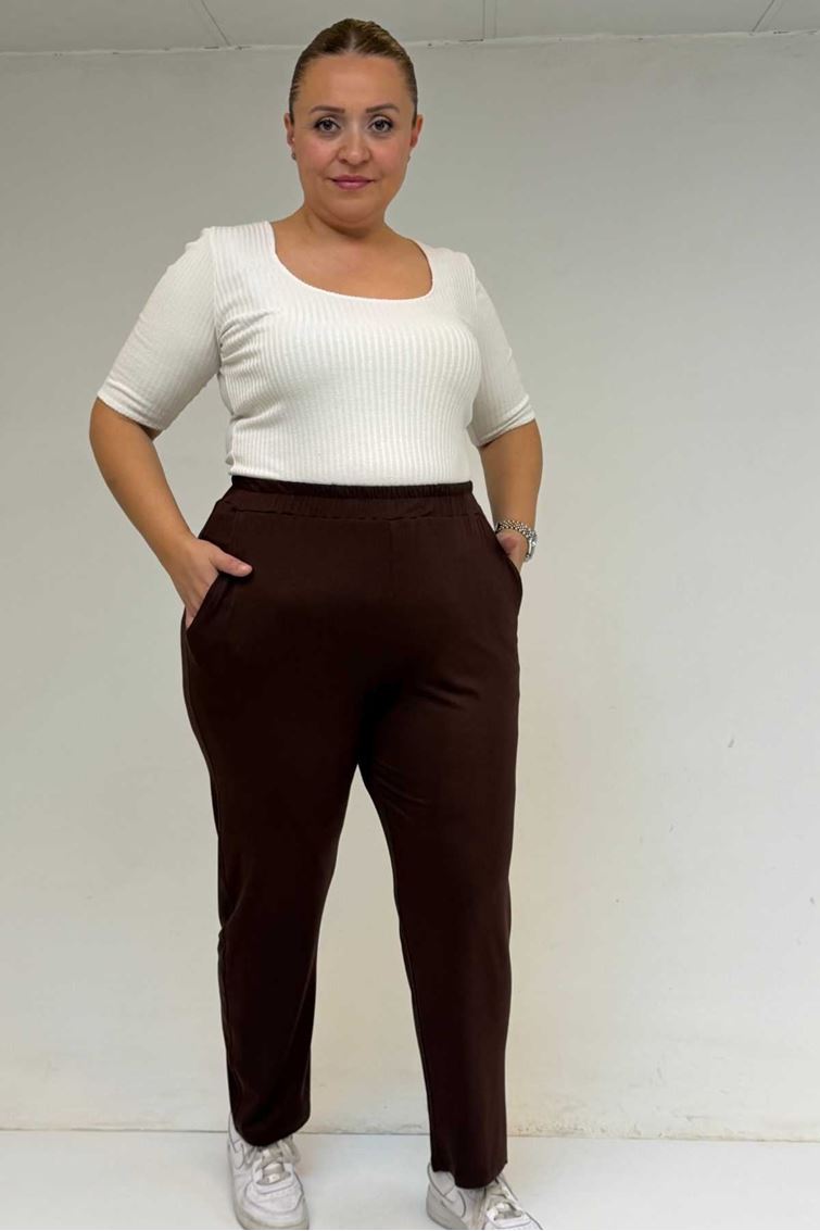 39001 Büyük Beden Yüksek Beli Lastikli Penye Pantolon - Kahve