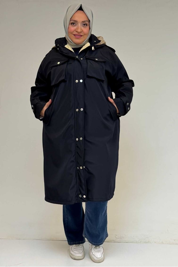 43061 Büyük Beden Kapaklı Cepli Fermuarlı Bondit Kap - Lacivert