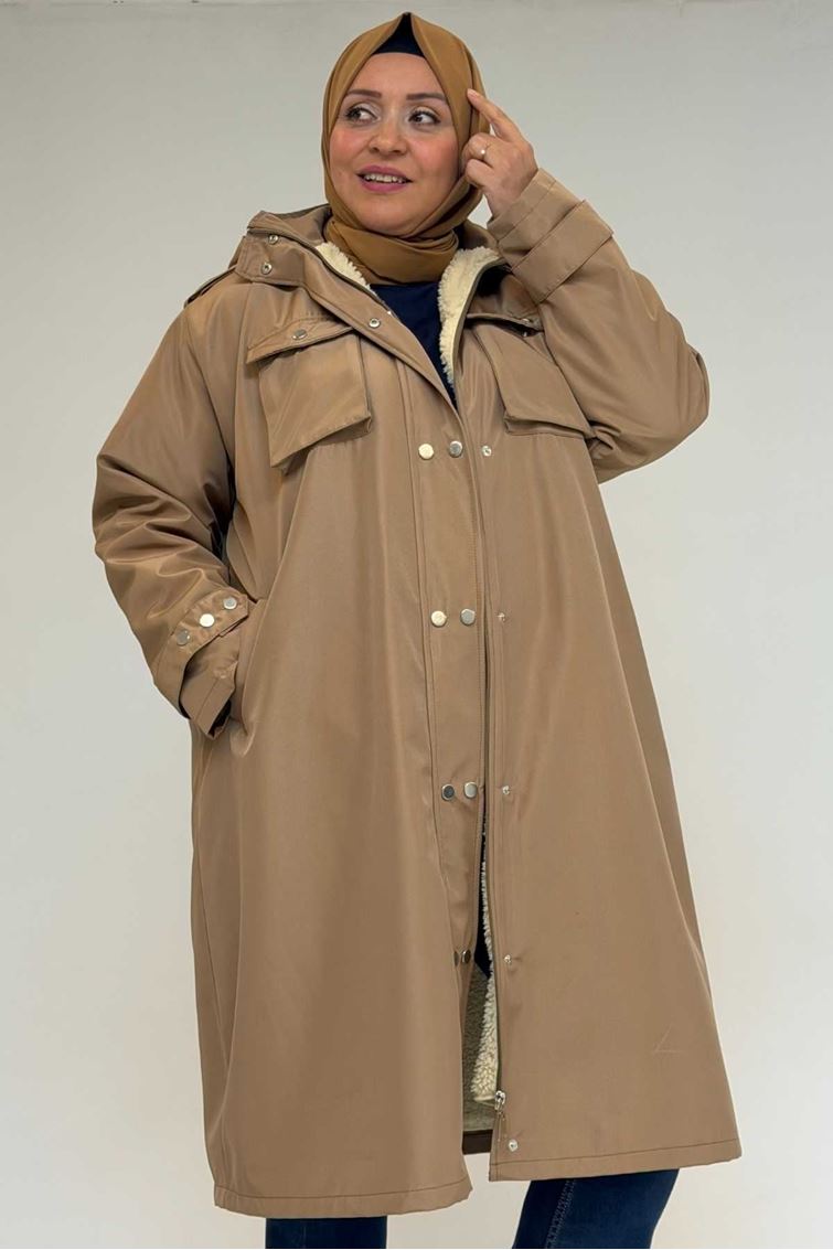 43061 Büyük Beden Kapaklı Cepli Fermuarlı Bondit Kap - Bej