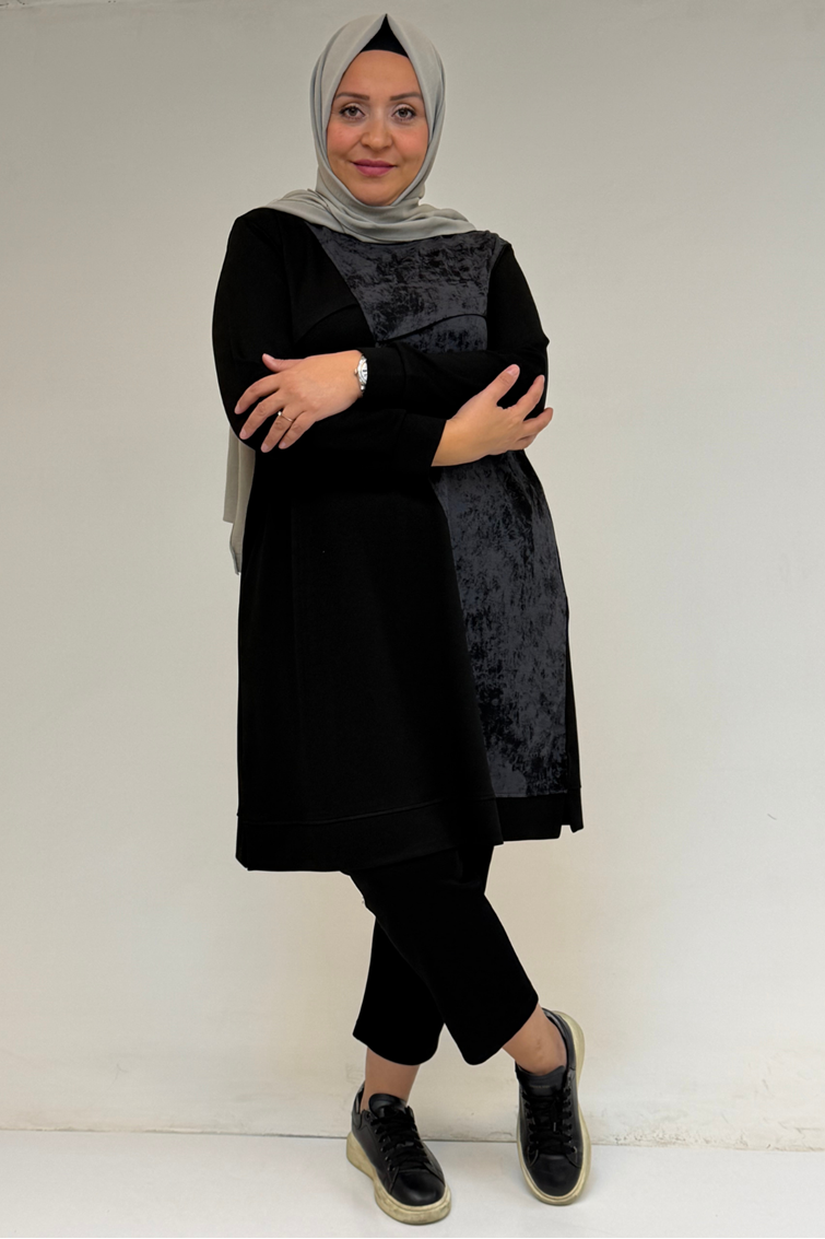 48110 Büyük Beden Batik Garni Detaylı Modal Tunik - Siyah