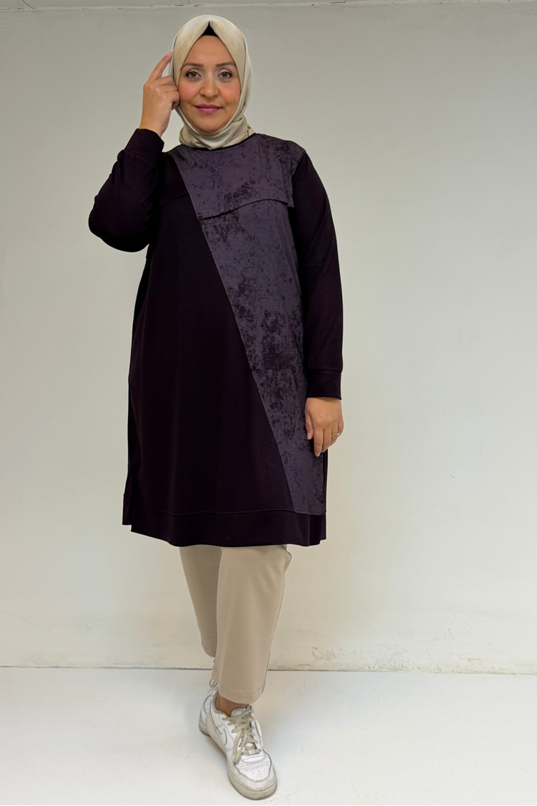 48110 Büyük Beden Batik Garni Detaylı Modal Tunik - Mürdüm