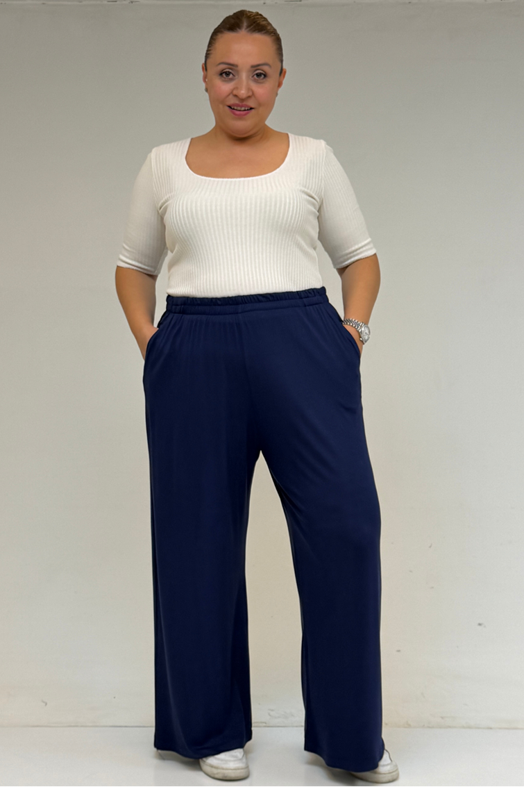 39000 Büyük Beden Yüksek Beli Lastikli Bol Paça Penye Pantolon - İndigo