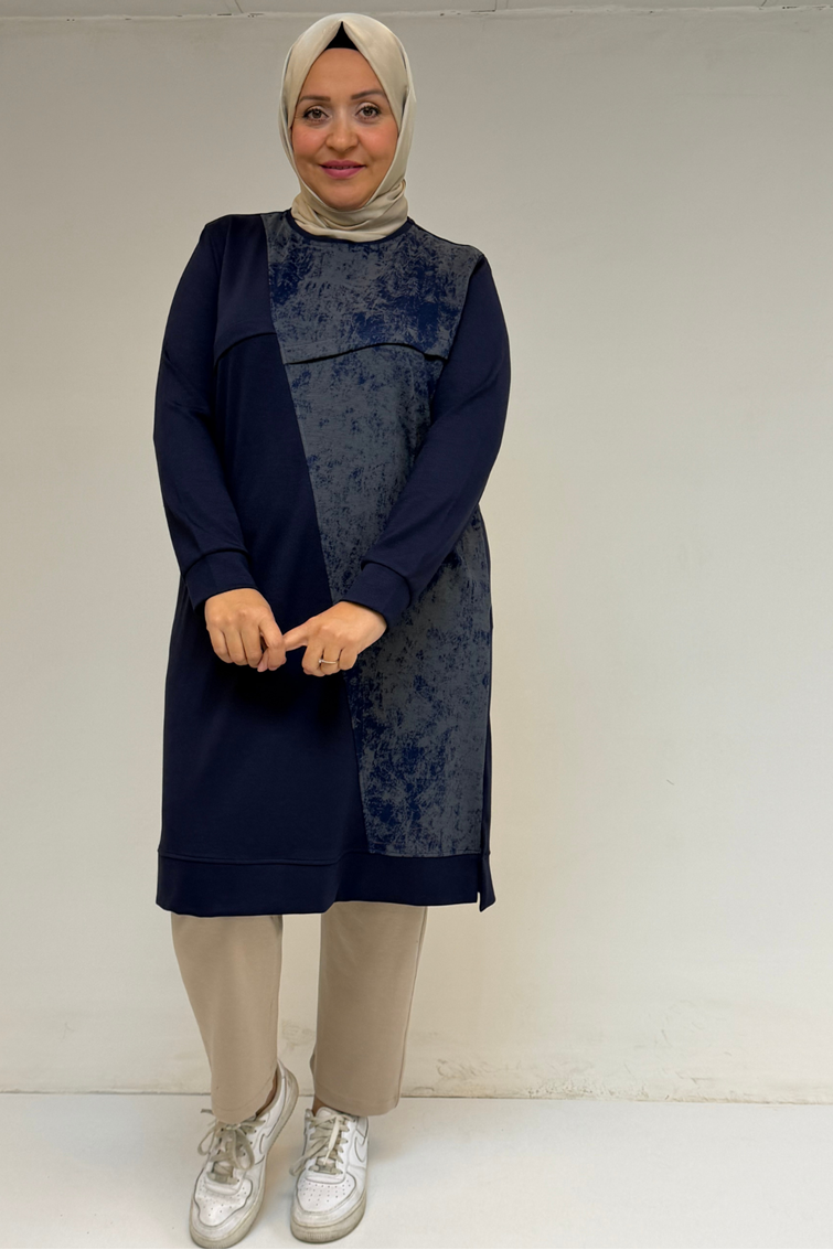 48110 Büyük Beden Batik Garni Detaylı Modal Tunik - İndigo