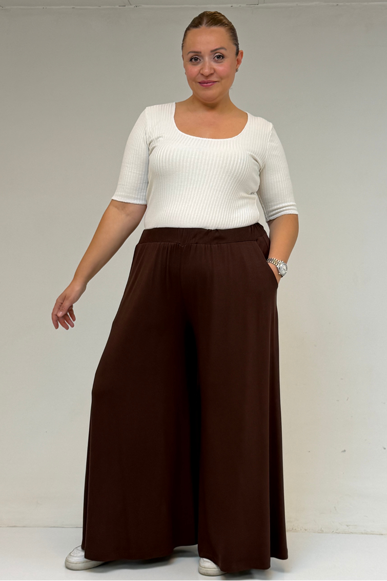 49003 Büyük Beden Beli Lastikli Penye Etek Pantolon - Kahve