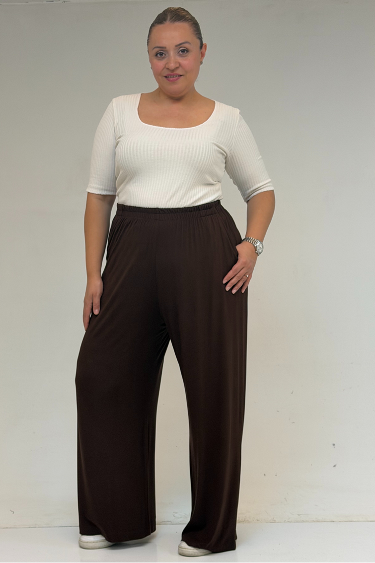 39000 Büyük Beden Yüksek Beli Lastikli Penye Pantolon - Kahve