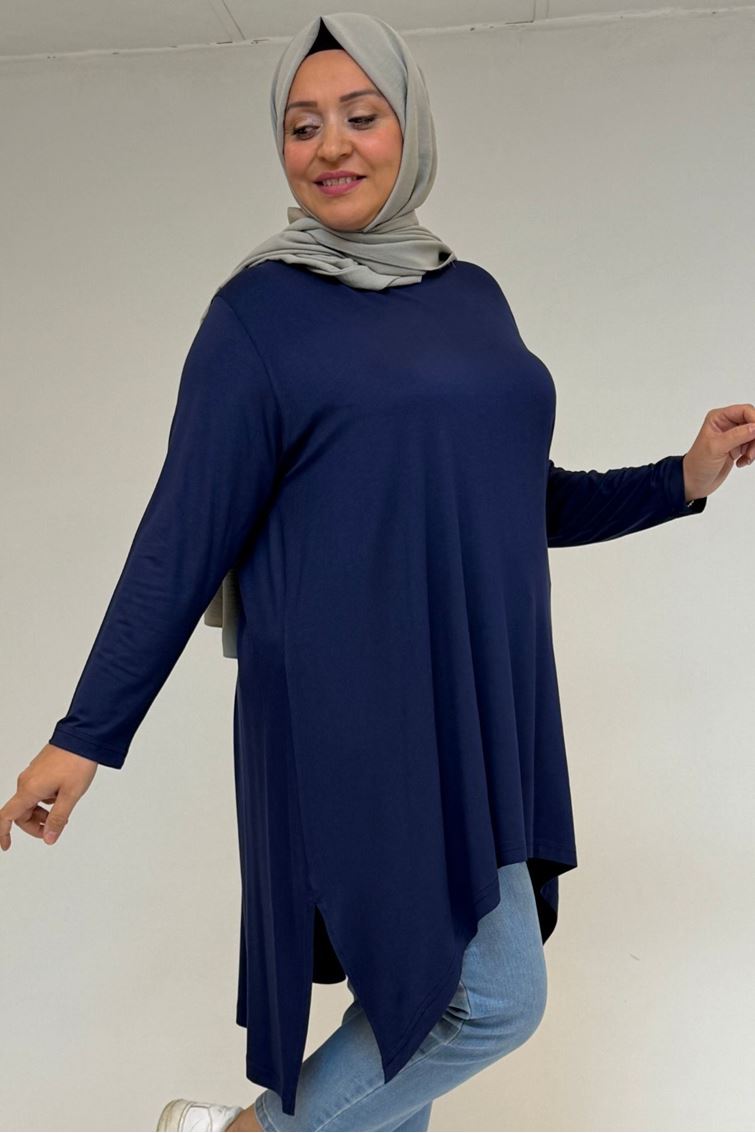 58070 Büyük Beden Asimetrik Kesim Penye Tunik - İndigo
