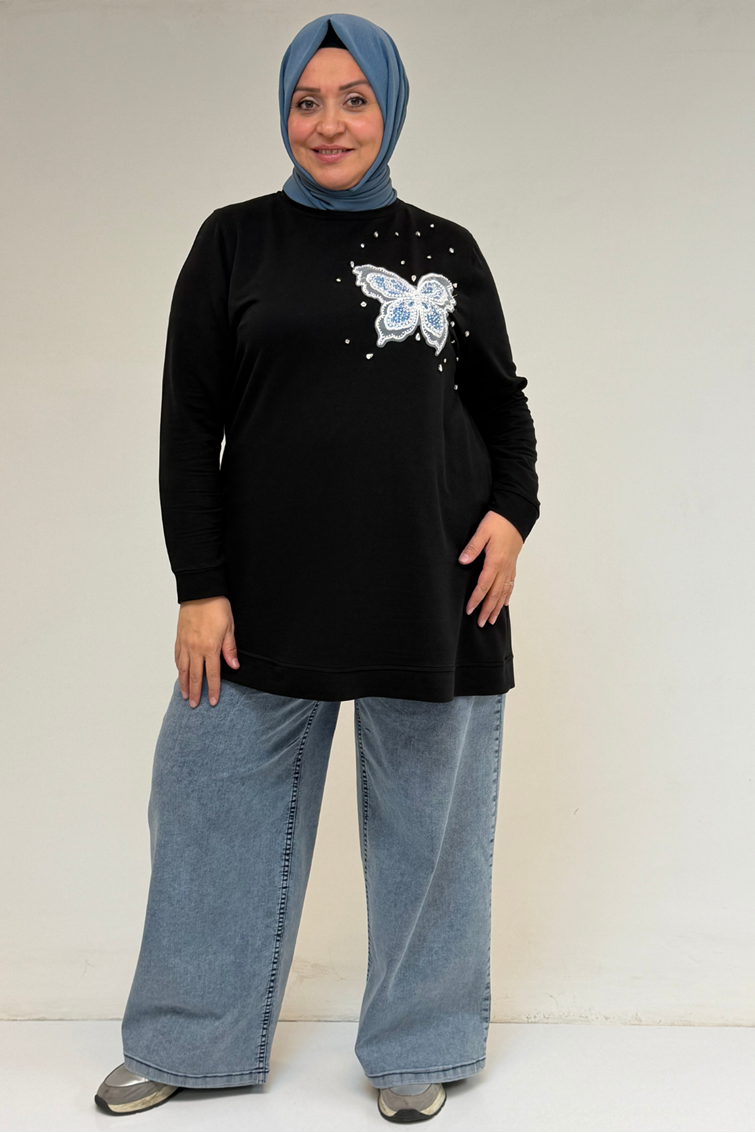 58172 Büyük Beden Taş Baskı Detaylı Kristal Tunik - Siyah