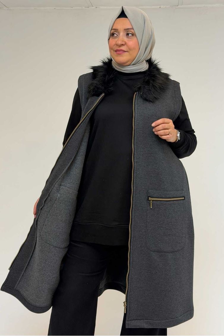 44006 Büyük Beden Cepleri Fermuarlı Üç İplik Yelek - Antrasit