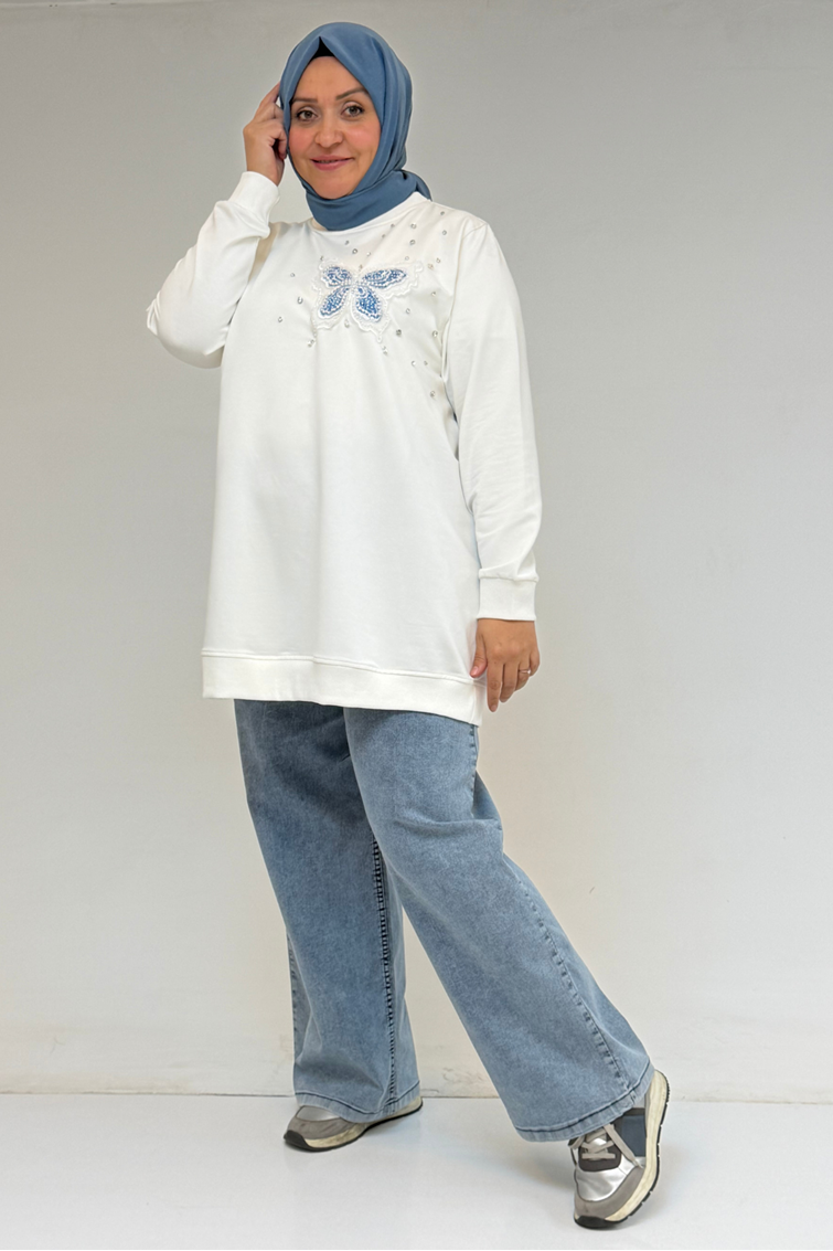 58172 Büyük Beden Taş Baskı Detaylı Kristal Tunik - Ekru