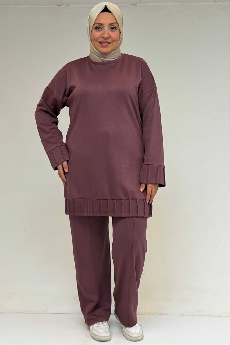 47069 Büyük Beden Çıma Detaylı Modal Pantolonlu Takım - Gül Kurusu