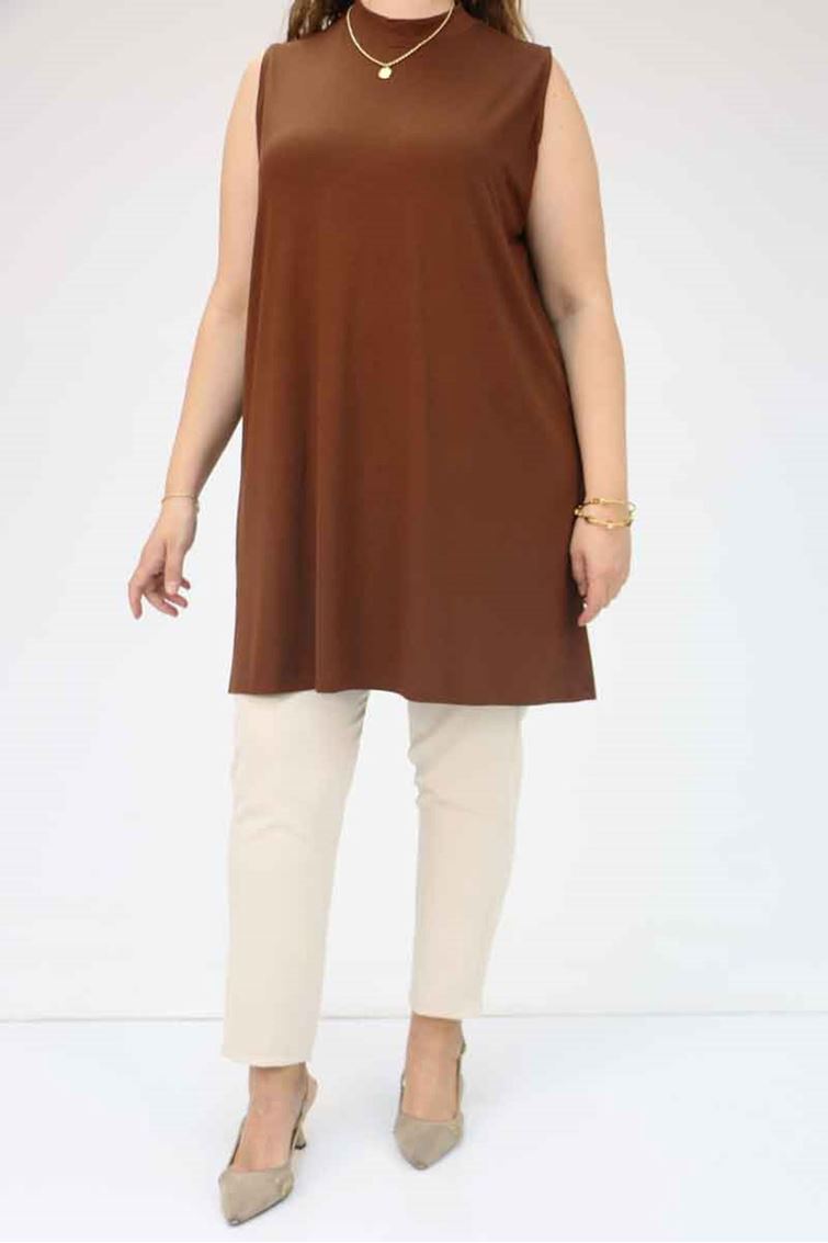 58501 Büyük Beden Hakim Yakalı Penye İçlik - Kahve