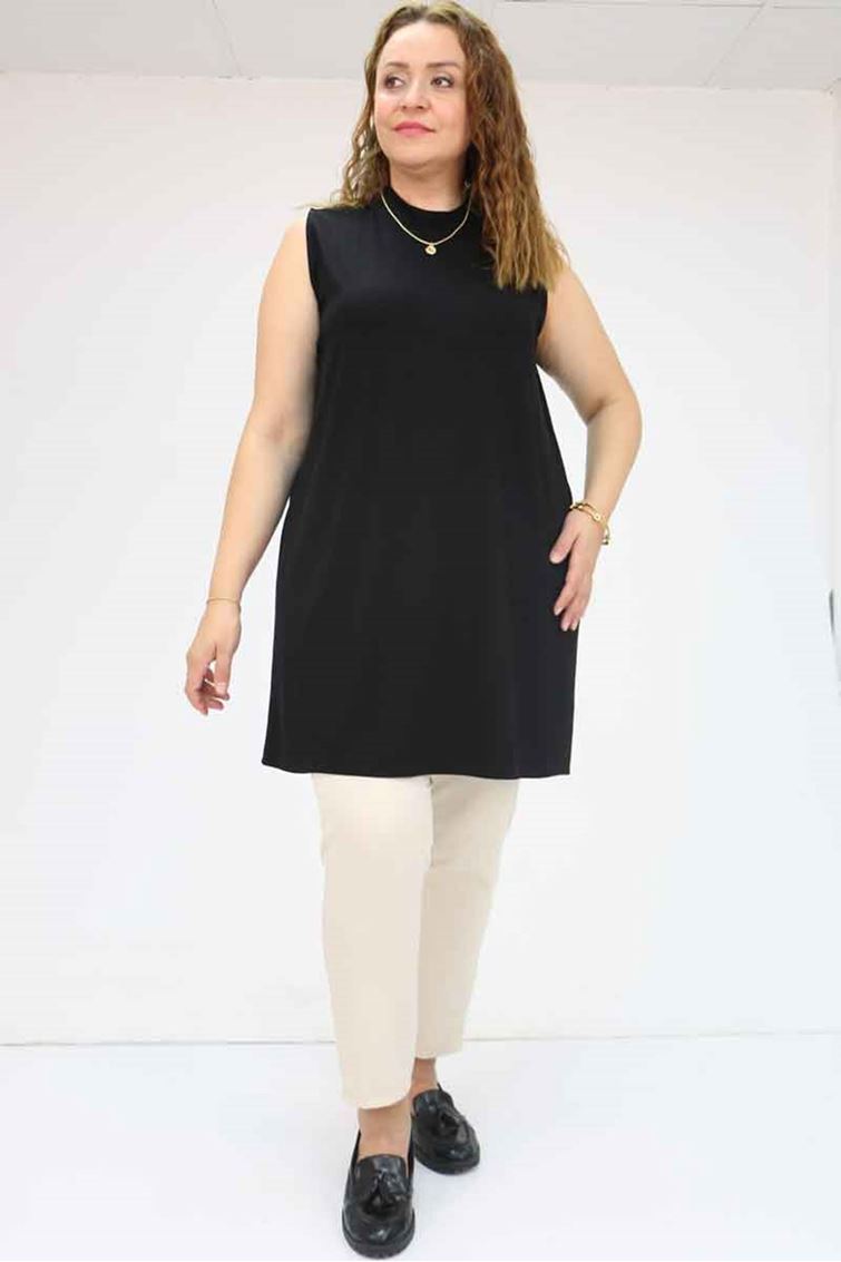 58501 Büyük Beden Hakim Yakalı Penye İçlik - Siyah